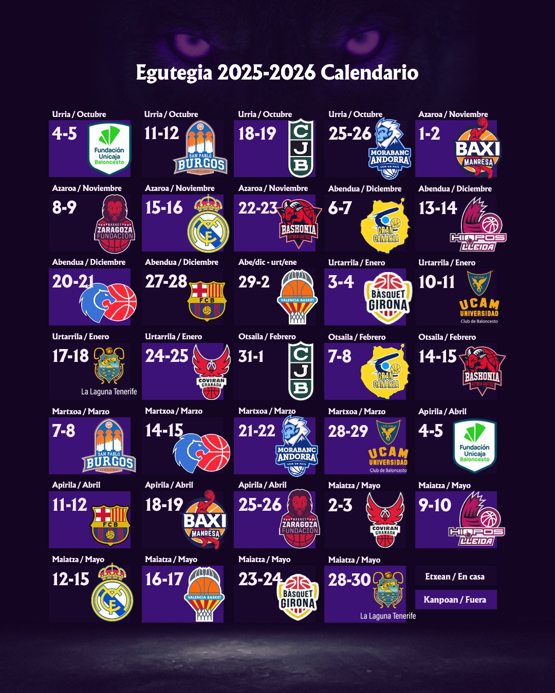 Calendario 25/26: Surne Bilbao Basket comienza la Liga Endesa en Málaga.